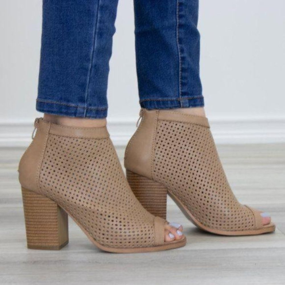 Taupe Perforated Heeled Open Toe Ankle Boots - Picture 2 of 9